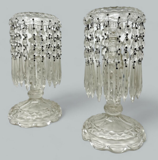 702. Antique Pair Irish Waterford Crystal Hand Cut Full Lead Lustres Vases Ireland