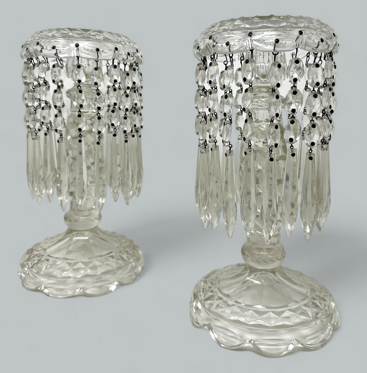 702. Antique Pair Irish Waterford Crystal Hand Cut Full Lead Lustres Vases Ireland