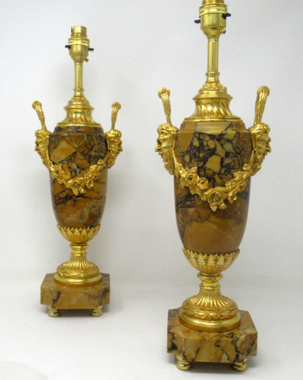 572. Pair French Regency Giallo Sienna Marble Gilt Bronze Ormolu Electric Table Lamps
