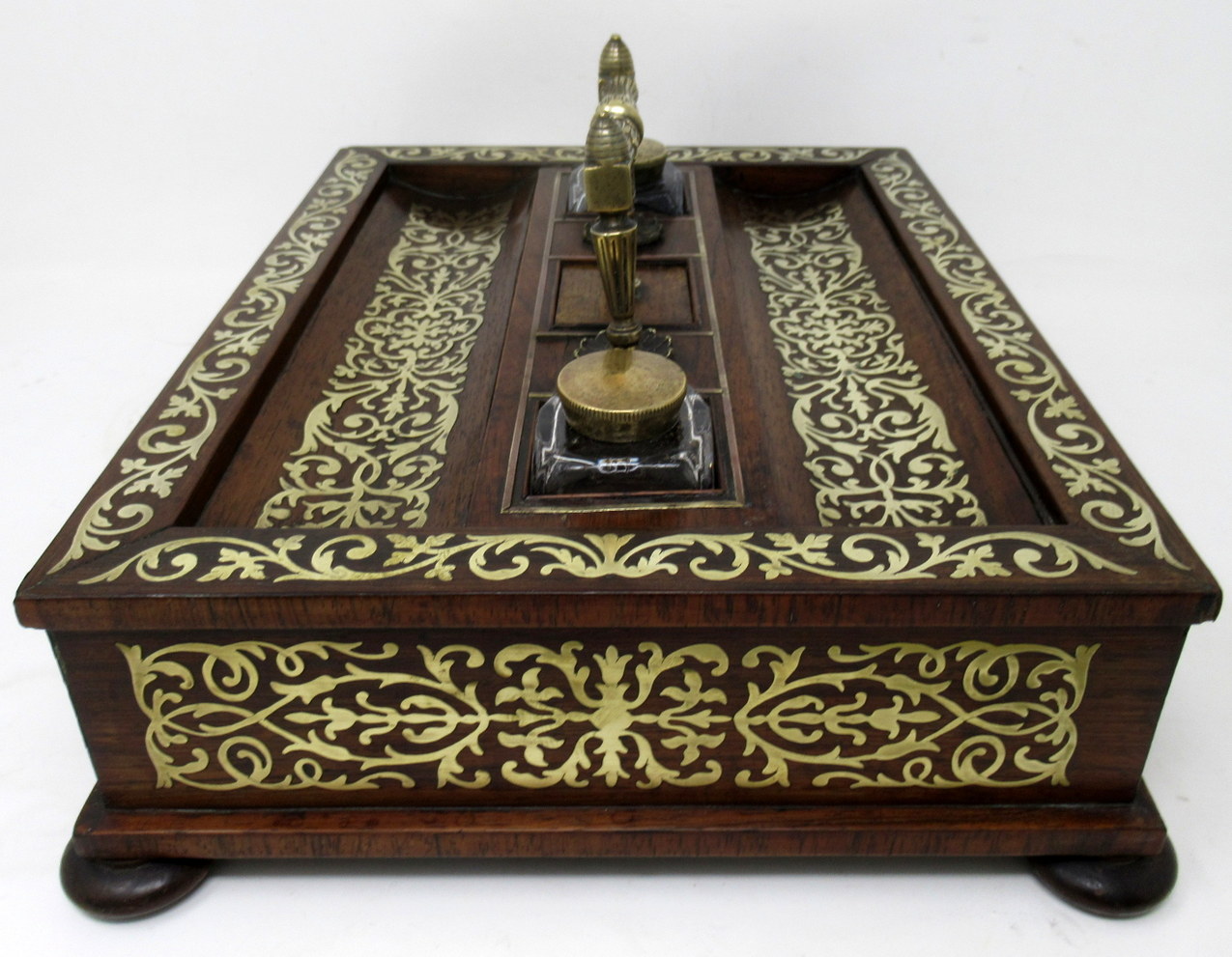 166. Antique Grand Tour Mahogany Brass Inlaid Desk Set Inkstand English Regency 19Ct - Image 8