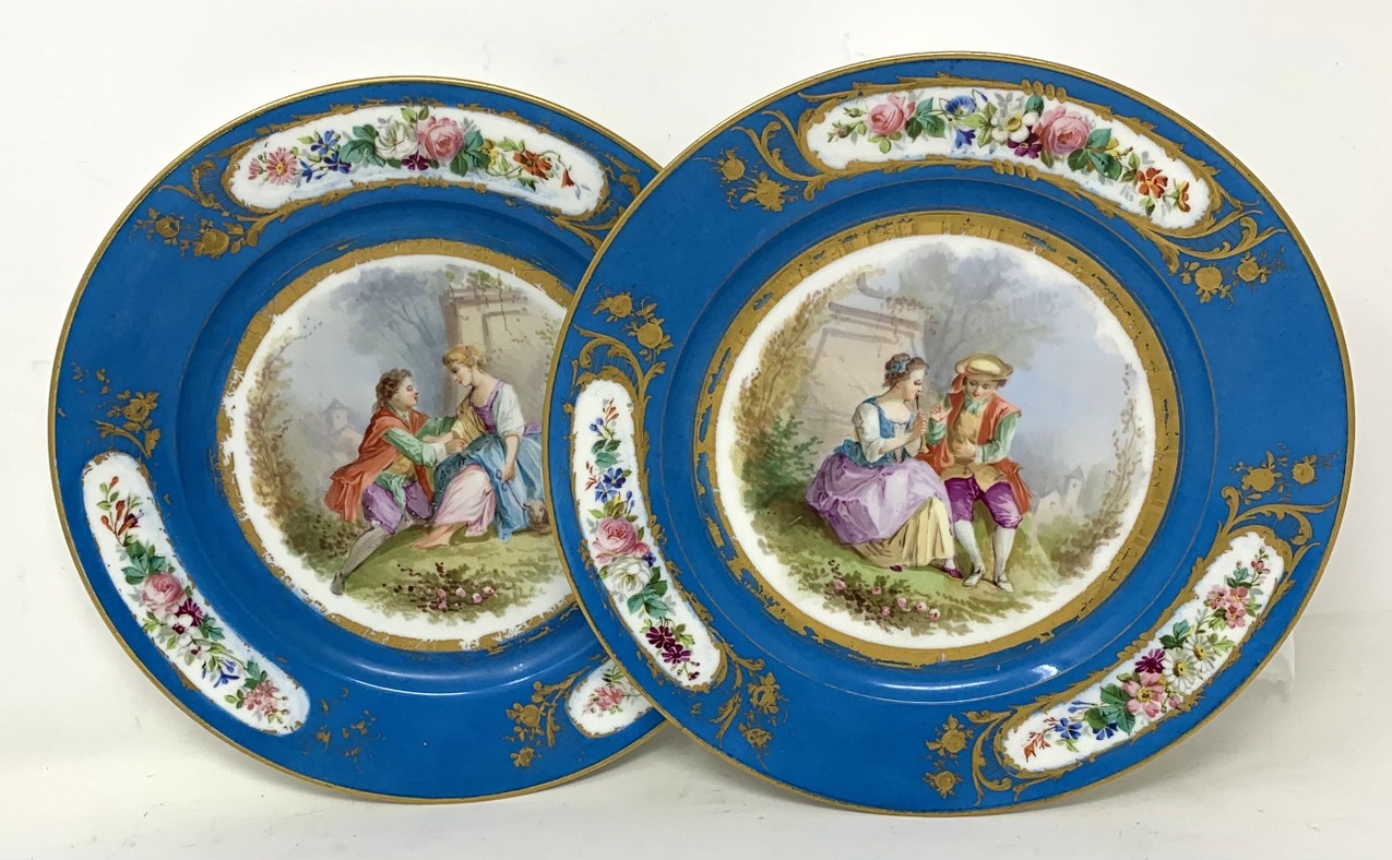 471. Antique Pair French Sevres Hand Painted Celeste Blue Circular Cabinet Plates late 19thCt