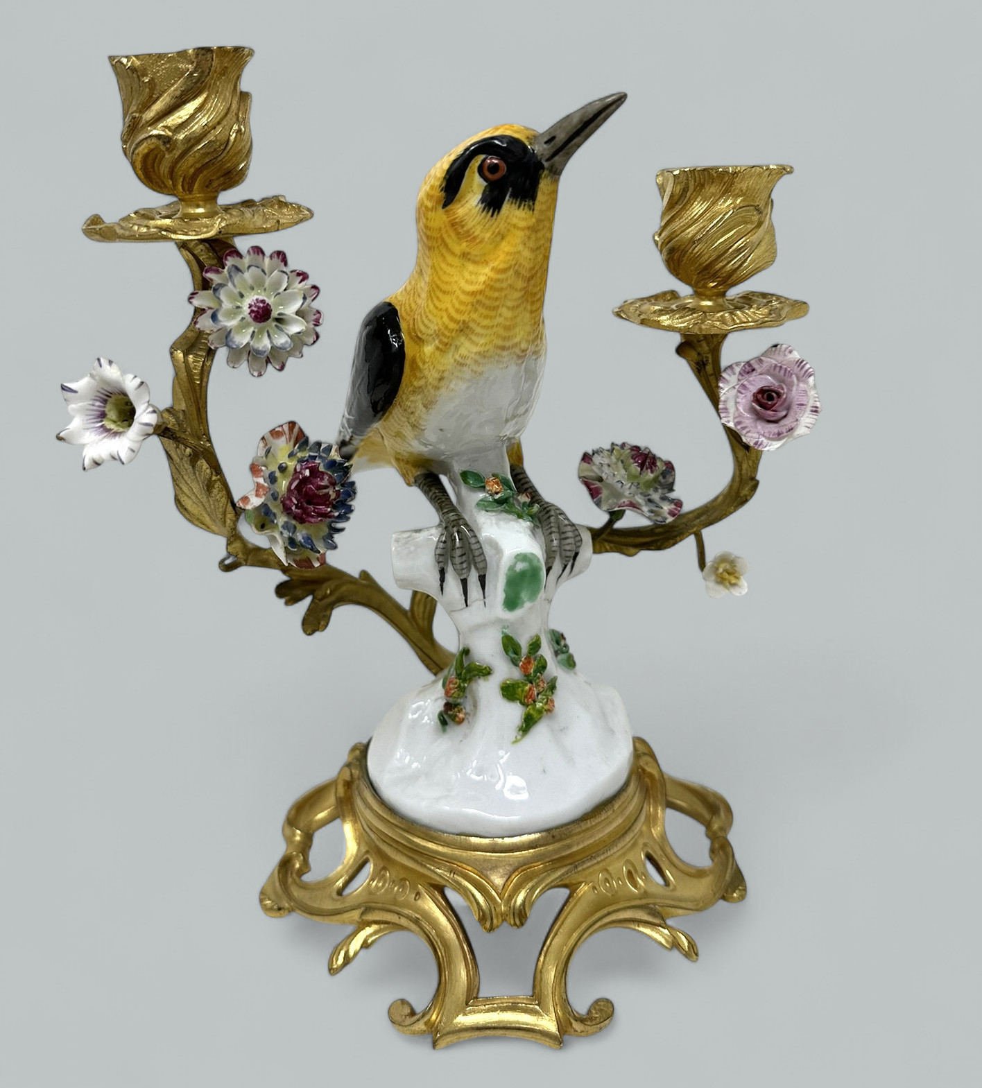101. Antique Pair French Ormolu Gilt Porcelain Birds Candlesticks Candelabra Samson - Image 3