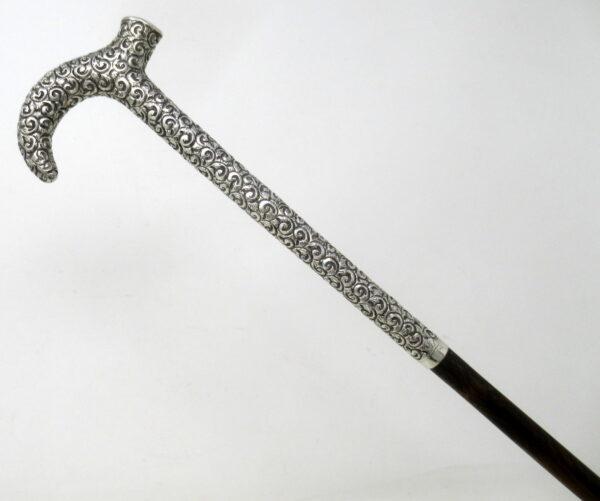 907. Antique Vintage Ladies Rosewood Walking Stick Dress Cane Sterling Silver 1905
