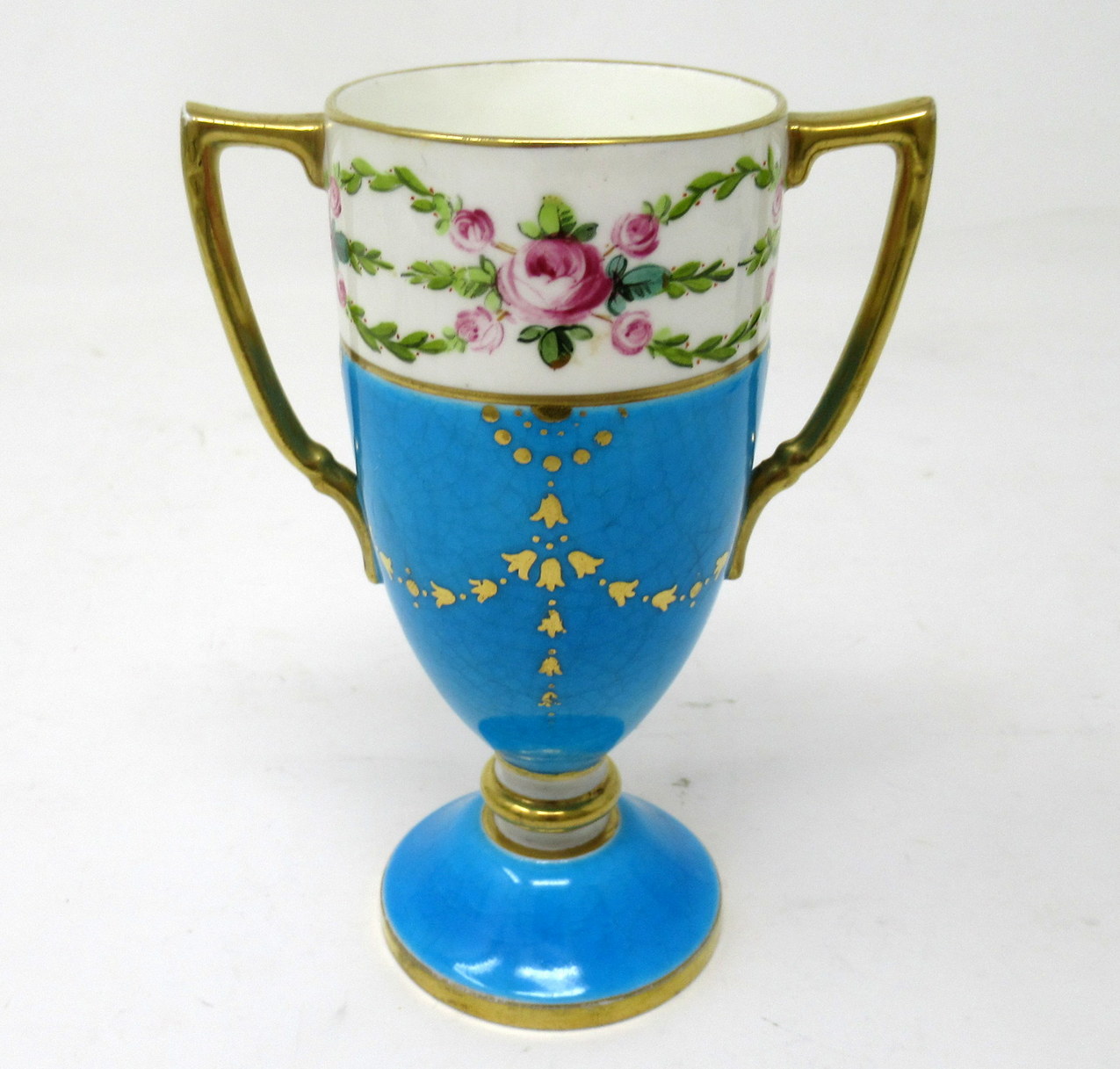 479. Antique Minton Staffordshire Porcelain Ewer Urn Vase Centerpiece Roses Turquoise - Image 7