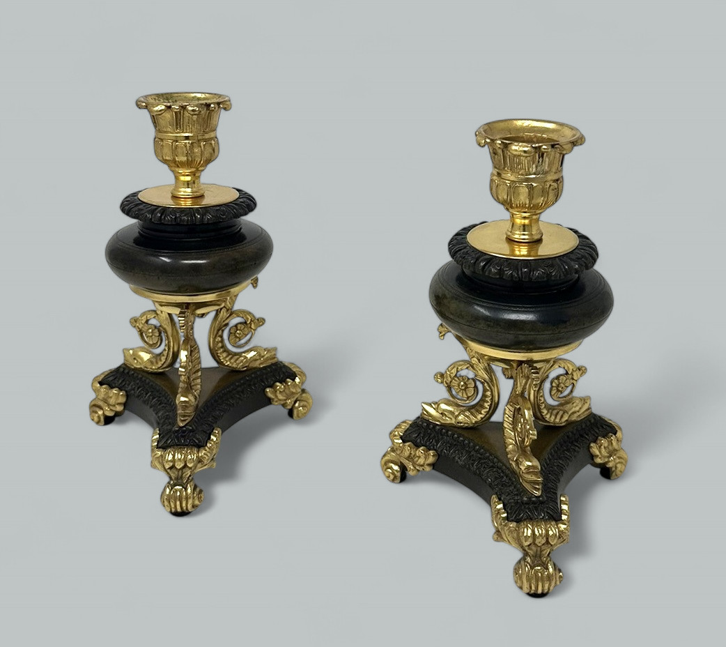 919. Antique Pair French Ormolu Gilt Bronze Dore Empire Candlesticks with Dolphins - Image 5
