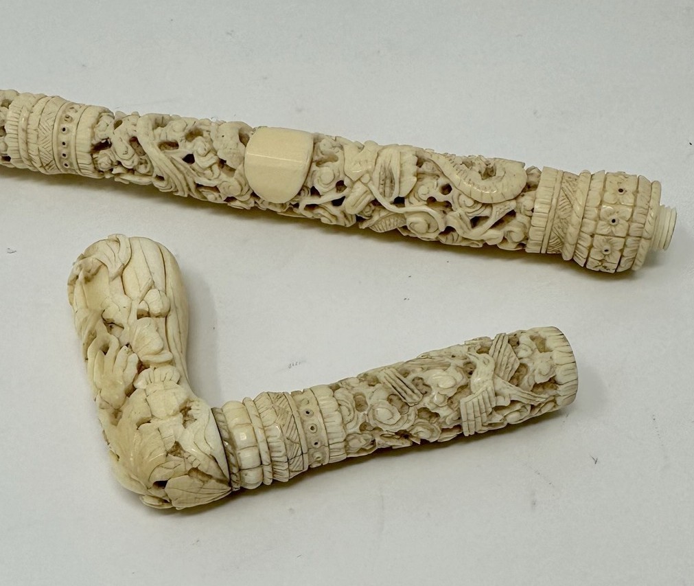 688. Antique Victorian Vintage Chinese Ivory Bovine Walking Stick Cane Carved Dragon - Image 8