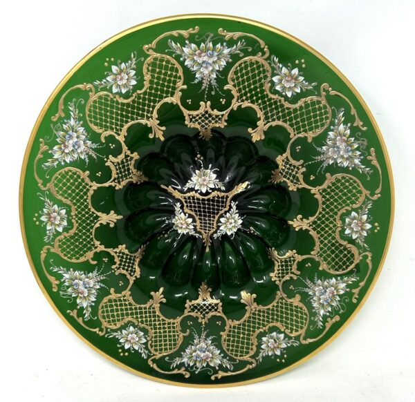 223. Antique Vintage Moser Bohemian Emerald Green Enameled and Gilt Glass Centerpiece