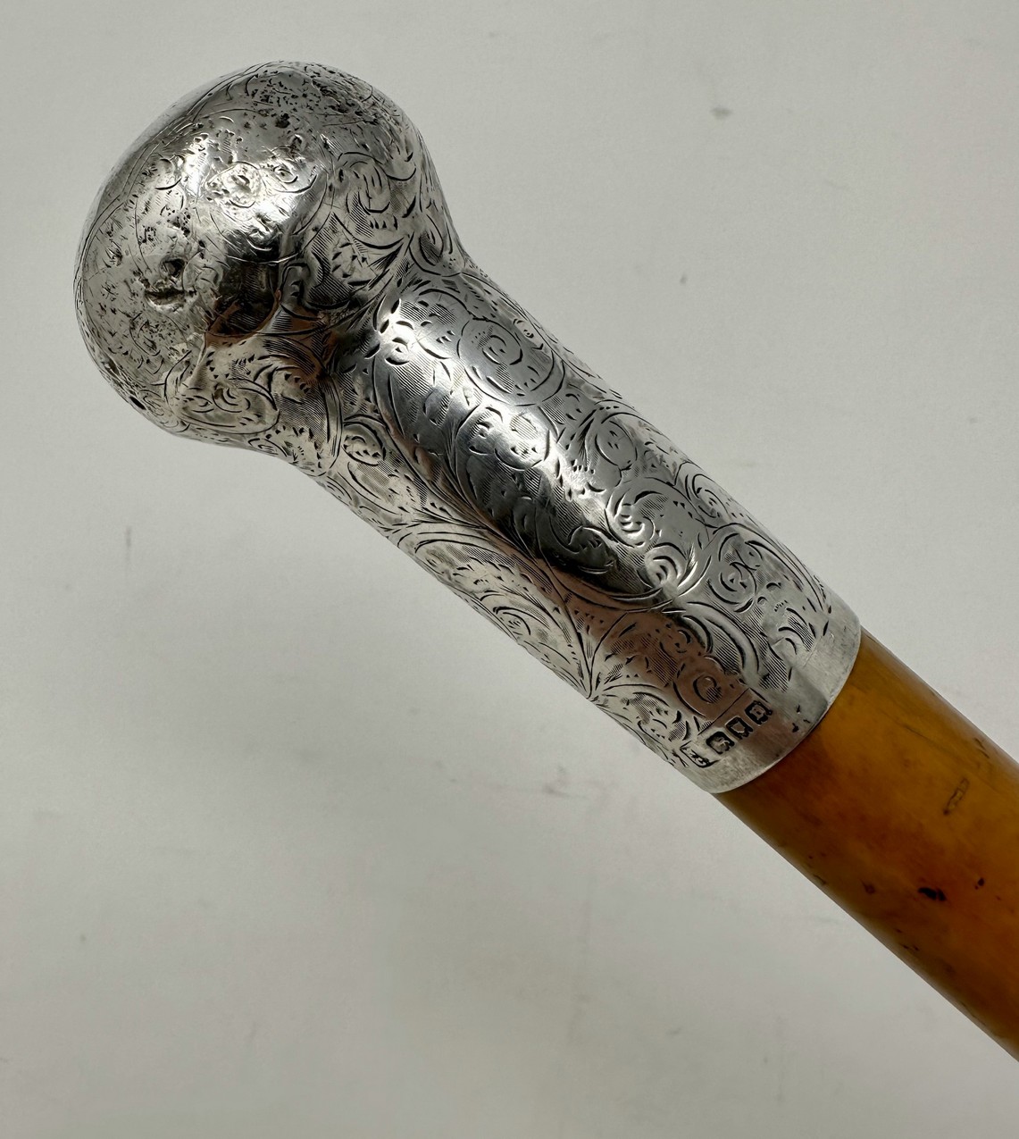 720. Antique Malacca Wooden English Walking Swagger Stick Cane Sterling Silver London - Image 6