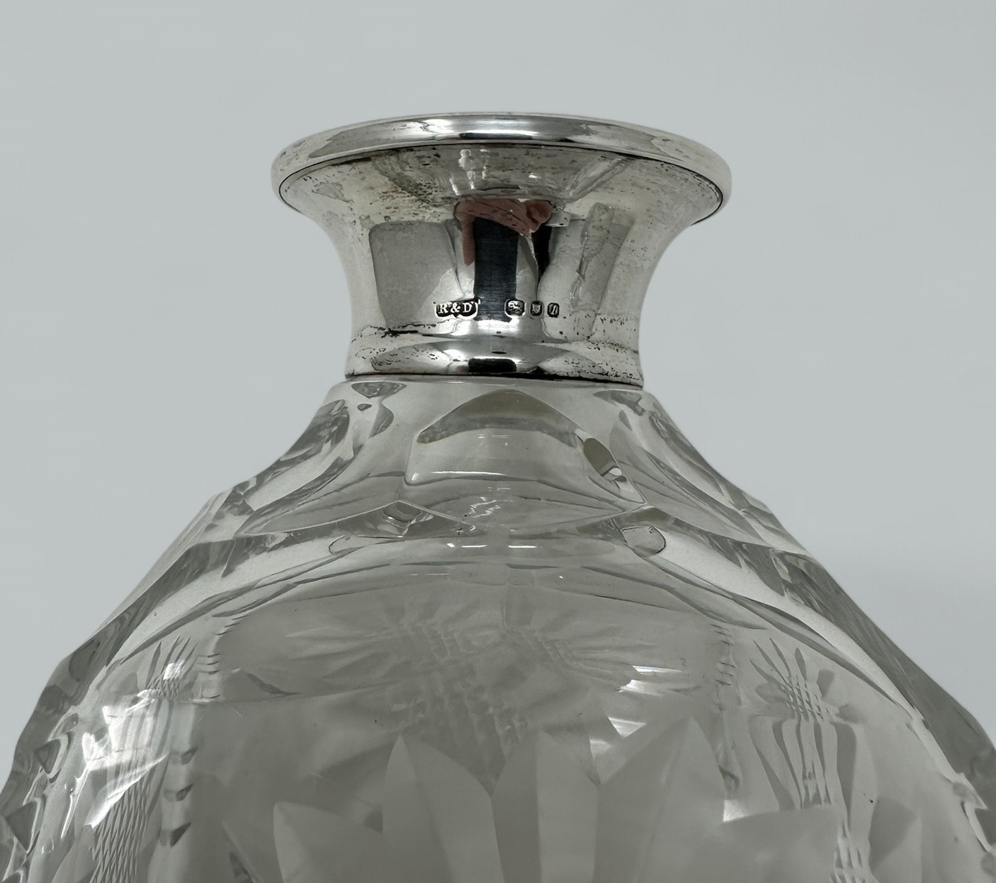 616. Pair Mid Century Full Lead Crystal Sterling Silver Spirits Wine Decanters, 1966 - Image 6