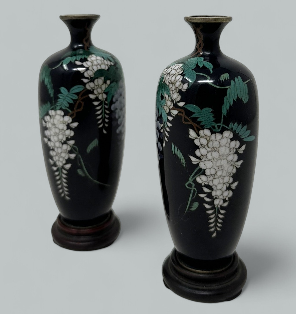 941. Antique Pair Meiji Period Japanese Miniature Cloisonne Enamel Urns Vases 1875