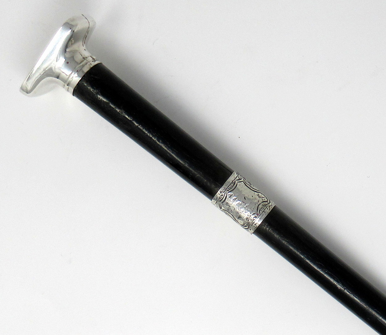 406. Fine Ladies Ebonized Swagger Stick with Unusual Continental Silver Grip 19thCt