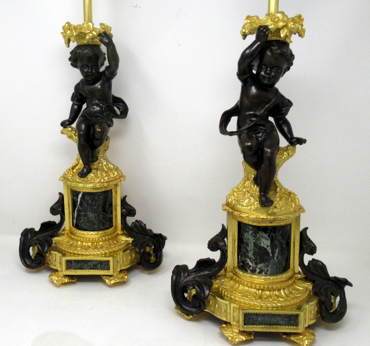 519. Antique Pair Gilt Bronze Ormolu Marble Table Lamps Clodion Grand Tour Cherubs - Image 5