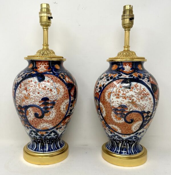 850. Antique Pair Japanese Chinese Imari Porcelain Ormolu Table Lamps Blue Red Gilt