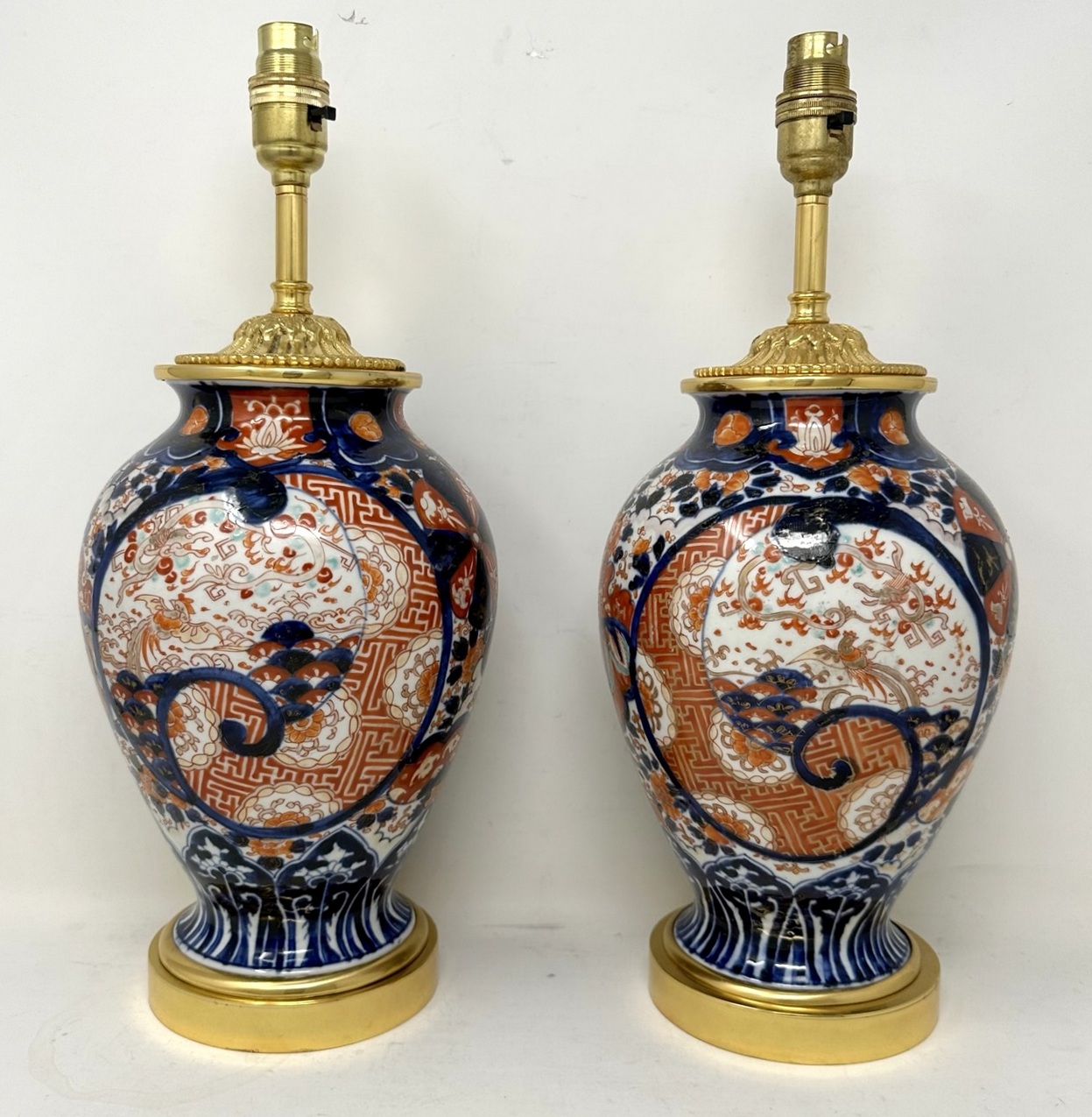 850. Antique Pair Japanese Chinese Imari Porcelain Ormolu Table Lamps Blue Red Gilt