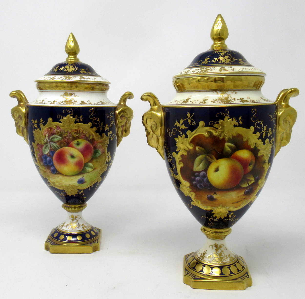 670. Fine Pair Coalport Urns Hand Painted Signed Richard Budd. E. Robinson 20thCt