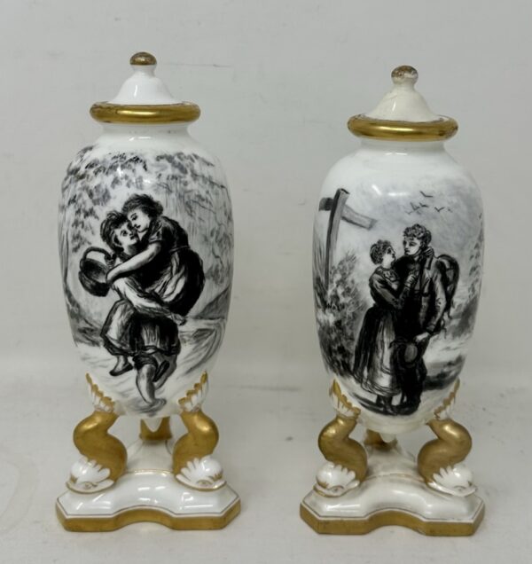 453. Antique Pair French Gilt Porcelain Vases or Urns en grisaille Lover Scenes 19Ct