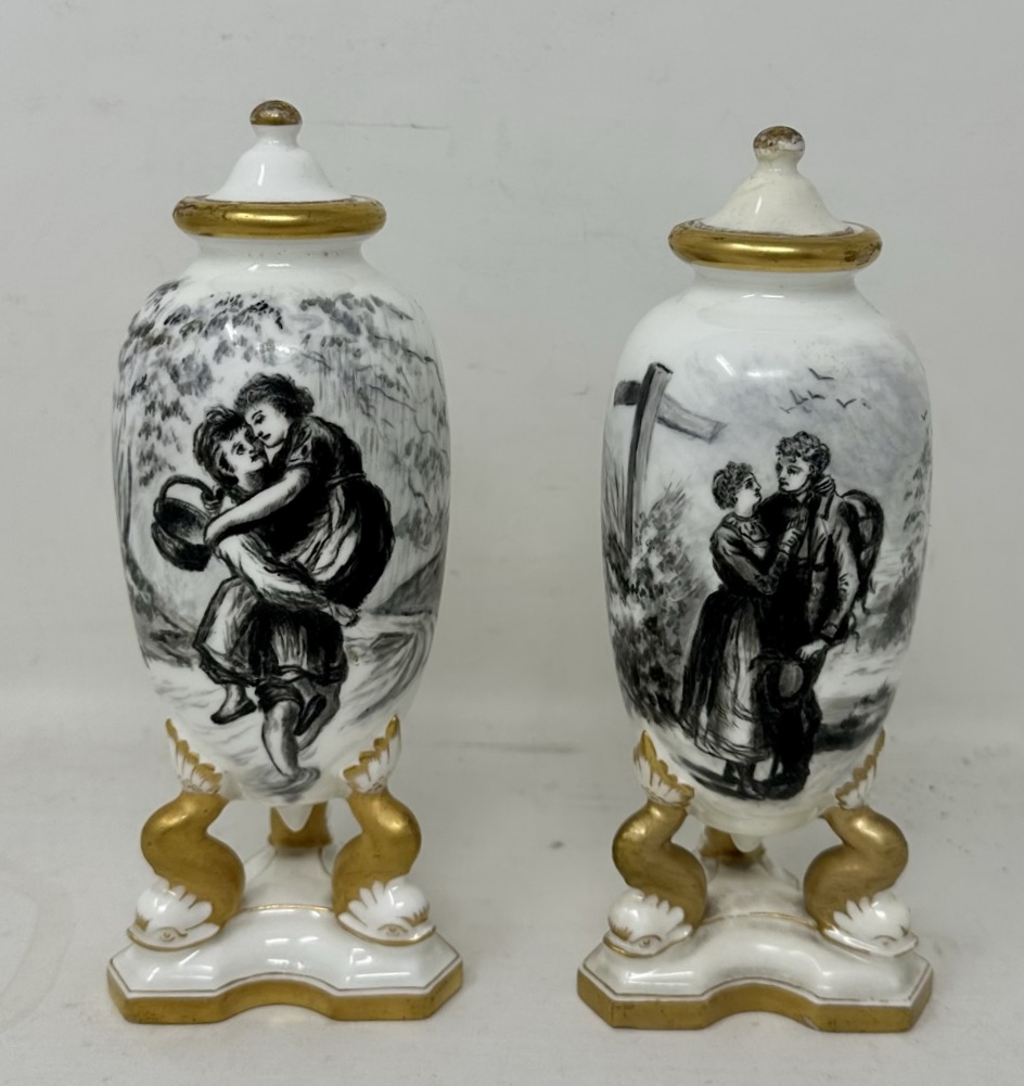 453. Antique Pair French Gilt Porcelain Vases or Urns en grisaille Lover Scenes 19Ct