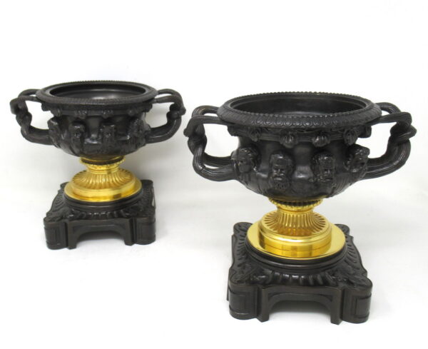 948. Antique Pair French Ormolu Bronze Warwick Albani Grand Tour Vases Urns Clodion