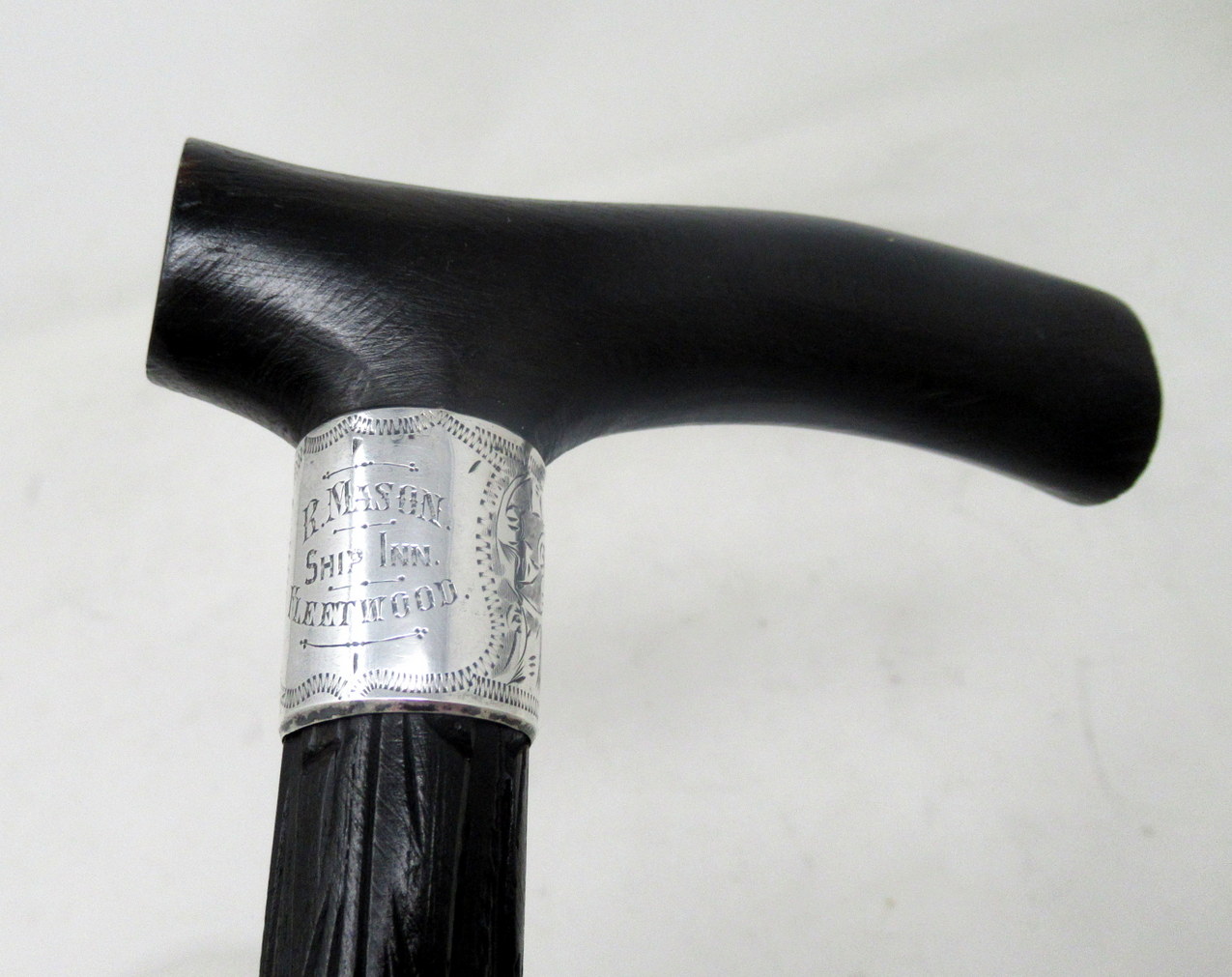 001. Fine Hand Carved Irish Bog Oak Walking Stick Silver Collar Hallmark 1901 - Image 4