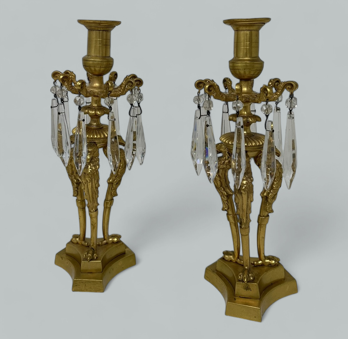 713. Antique Pair of English Regency Ormolu Bronze Lusters Candlesticks Candelabra - Image 3