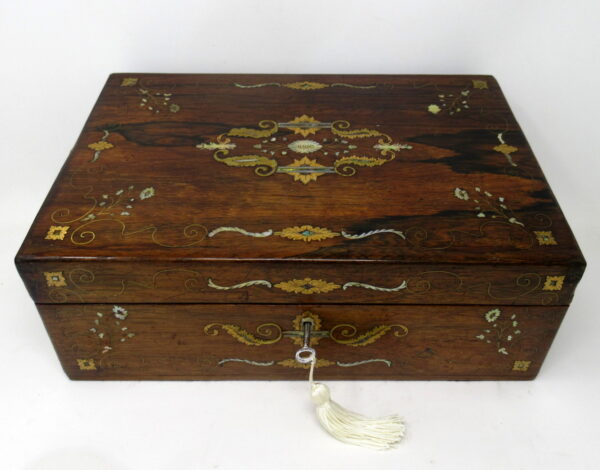 722. Irish Mahogany Mother of Pearl Writing Slope Box by Austins Dublin, circa 1860