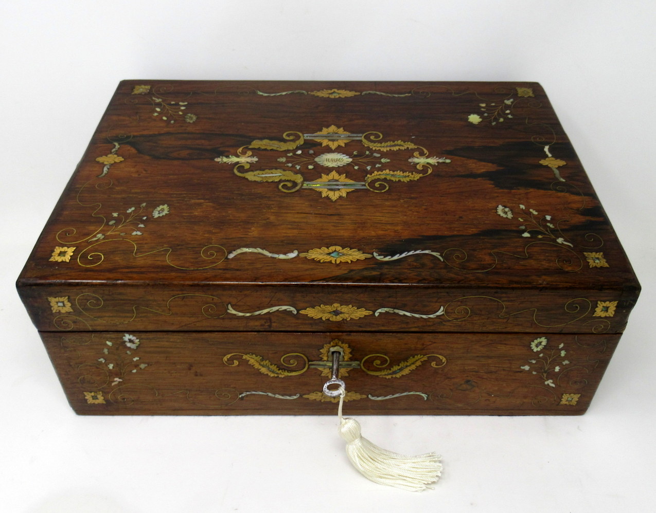 722. Irish Mahogany Mother of Pearl Writing Slope Box by Austins Dublin, circa 1860