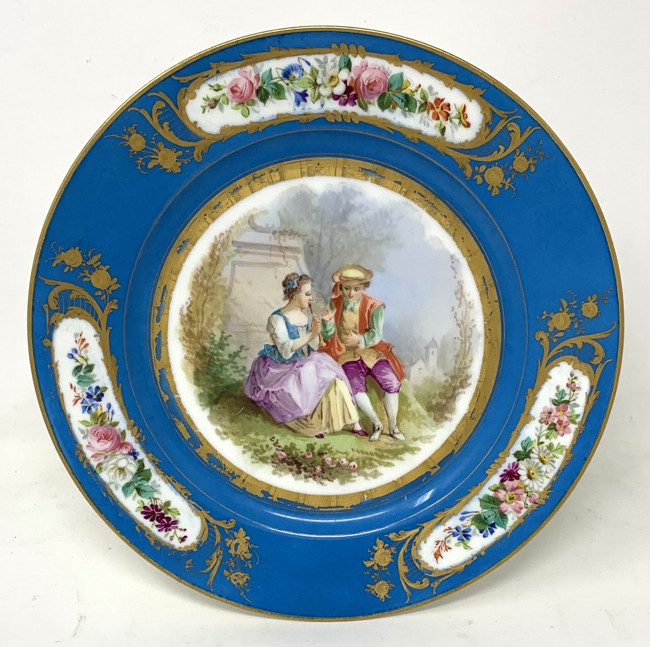 471. Antique Pair French Sevres Hand Painted Celeste Blue Circular Cabinet Plates late 19thCt - Image 3