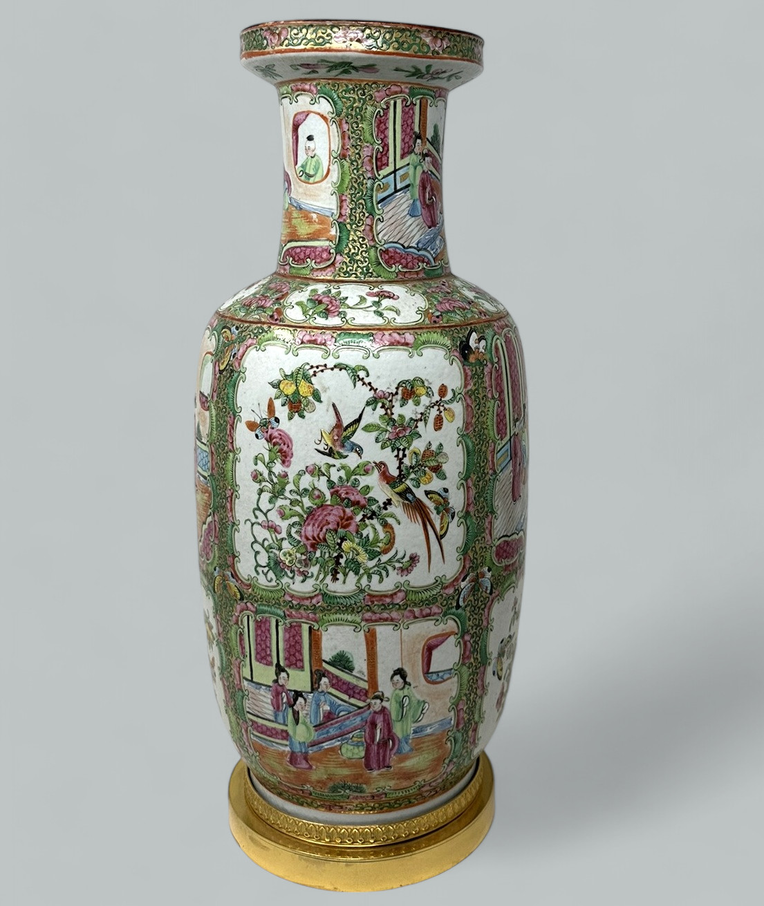 656. Antique Famille Rose Medalion Canton Cantonese Chinese Porcelain Ormolu Vase Urn - Image 2