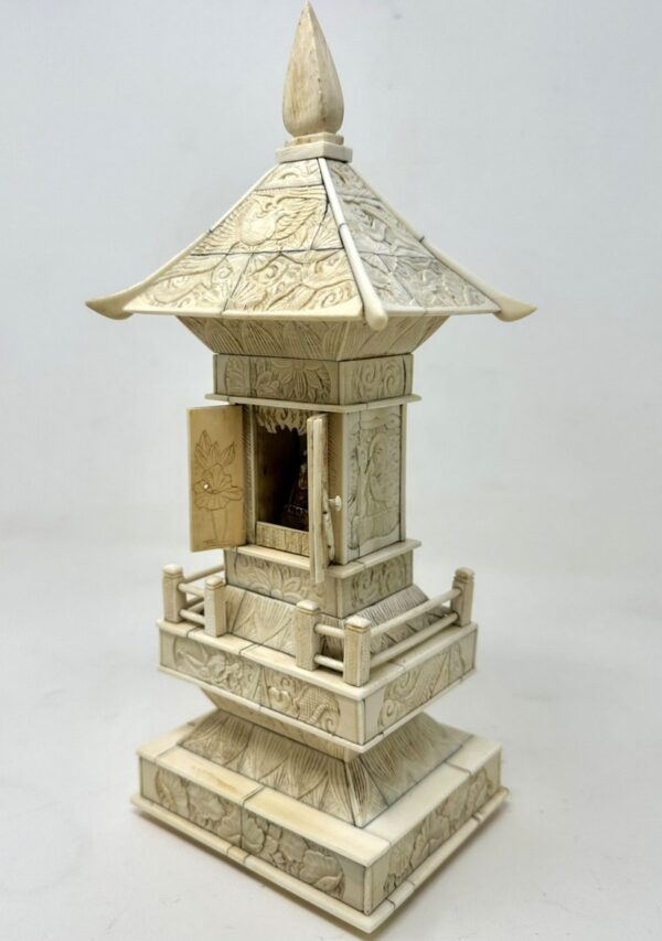 318. Antique Victorian Religious Chinese Export Ivory Bone Carved Pagoda Sculpture