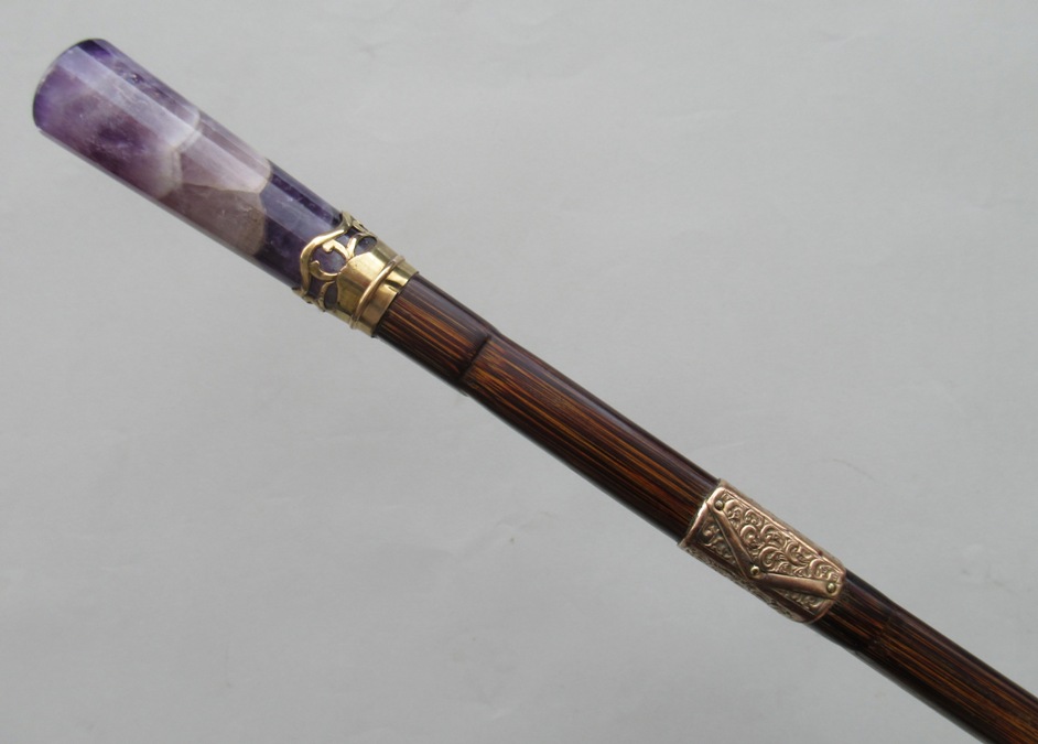 252. Stunning Square Partridge Wood Walking Stick Blue John Grip Gold Plated Mounts - Image 2
