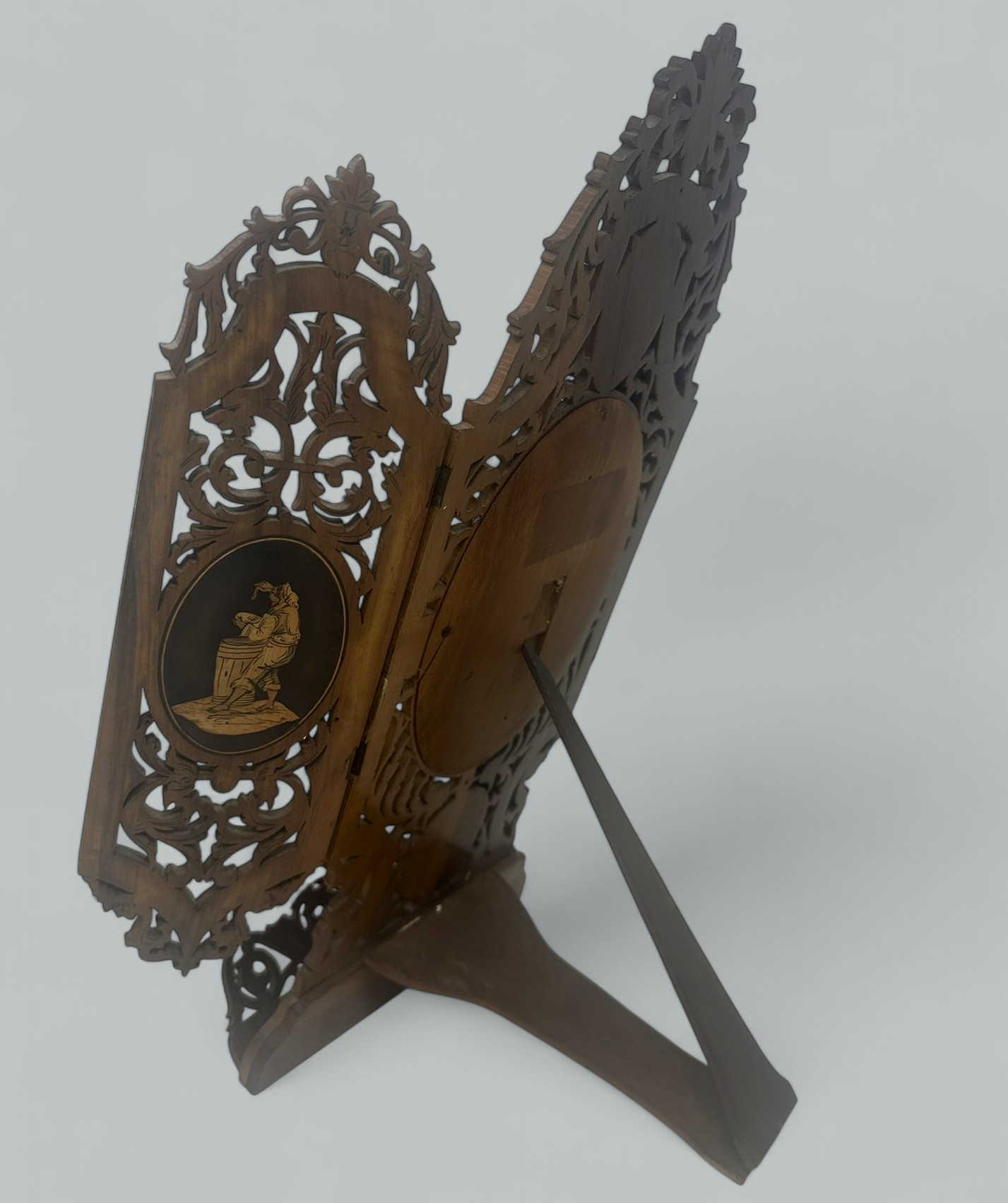 950. Antique Italian Triptych Sorrento Ware Walnut Crutch Oval Folding Mirror 19th Ct - Image 8