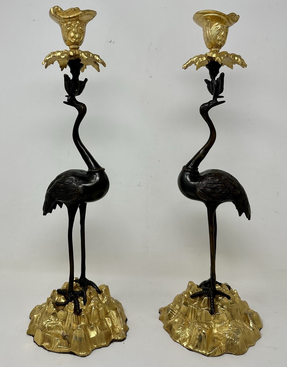 473. Pair English Ormolu Gilt Bronze Candlesticks Storks Cranes Attributed to Abbott - Image 3