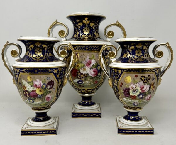 371. Antique Garniture English Royal Crown Derby Porcelain Vases by Thomas Steel 19C