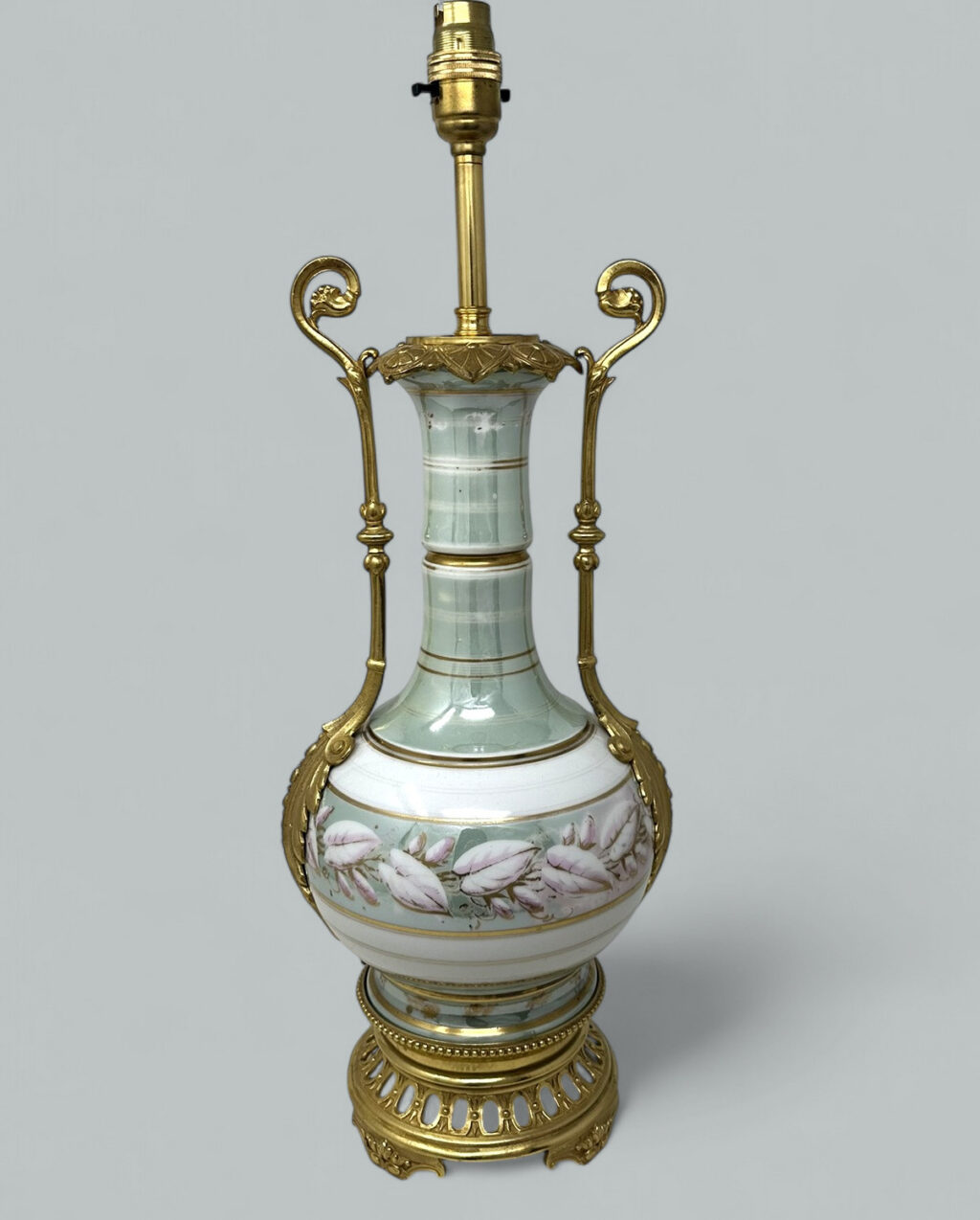 636. Antique French Sèvres Porcelain Still Life Ormolu Celadon Table Lamp Bronze