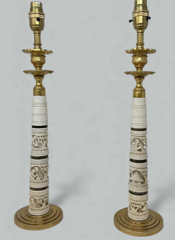 074. Antique Pair Ormolu Hand Carved Bovine Candlesticks Table Lamps Chinese Japanese