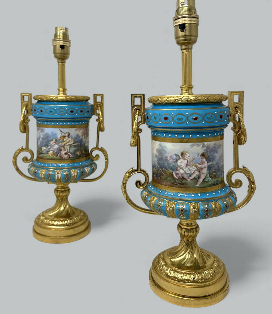 121. SOLD. Pair Antique French Sèvres Porcelain Ormolu Celeste Blue Jewell Table Urns Lamps