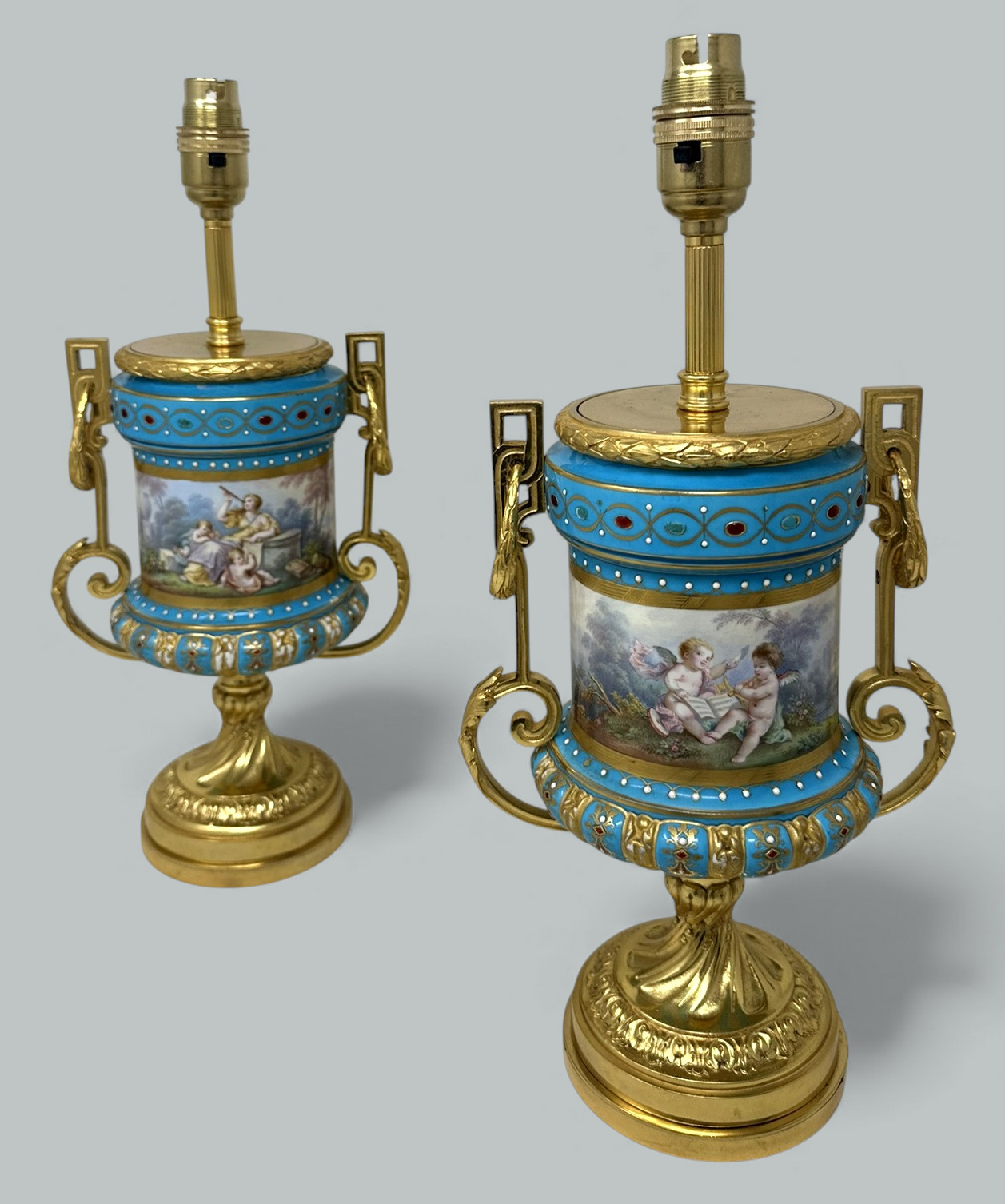 121. Pair Antique French Sèvres Porcelain Ormolu Celeste Blue Jewell Table Urns Lamps - Image 2