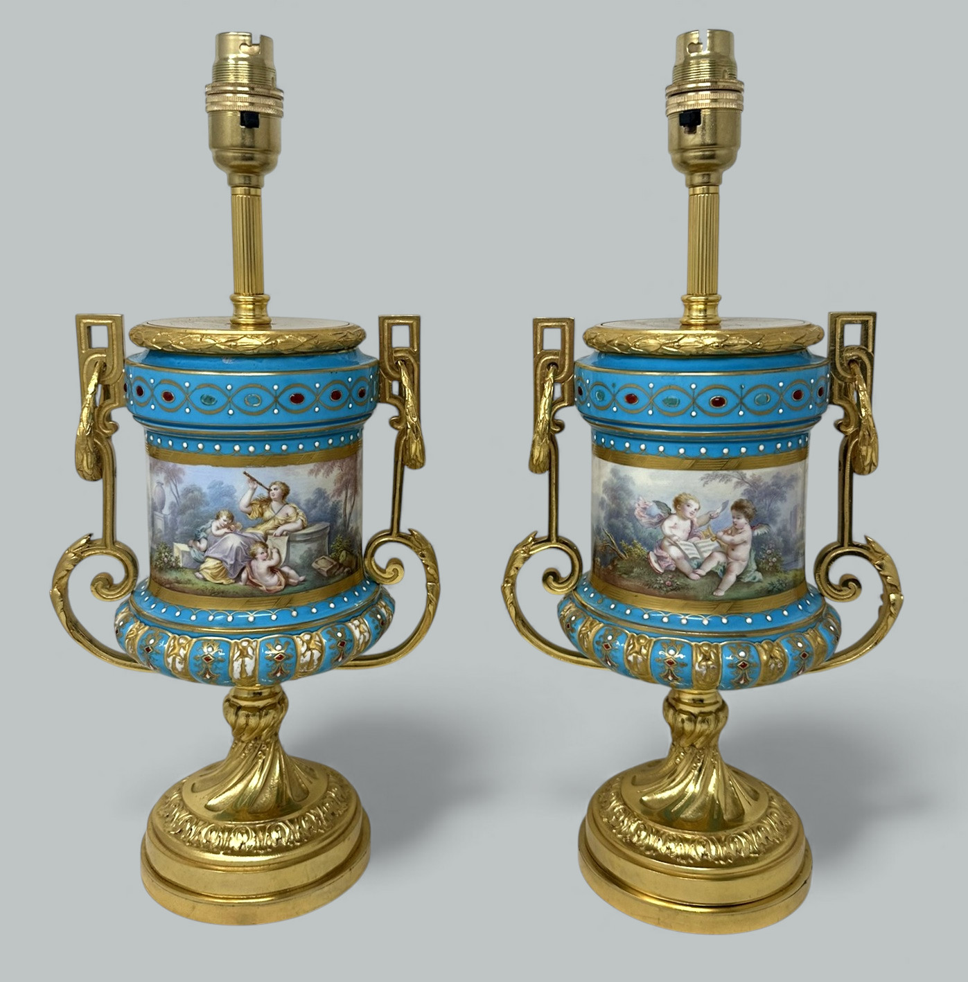 121. Pair Antique French Sèvres Porcelain Ormolu Celeste Blue Jewell Table Urns Lamps - Image 3