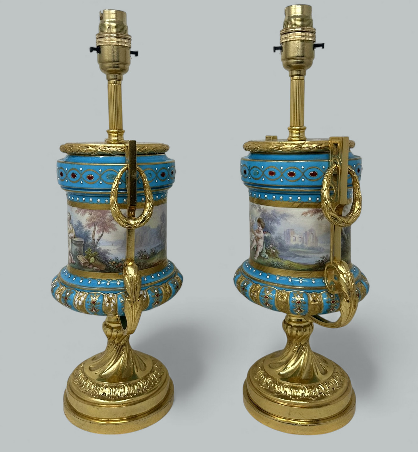 121. Pair Antique French Sèvres Porcelain Ormolu Celeste Blue Jewell Table Urns Lamps - Image 4