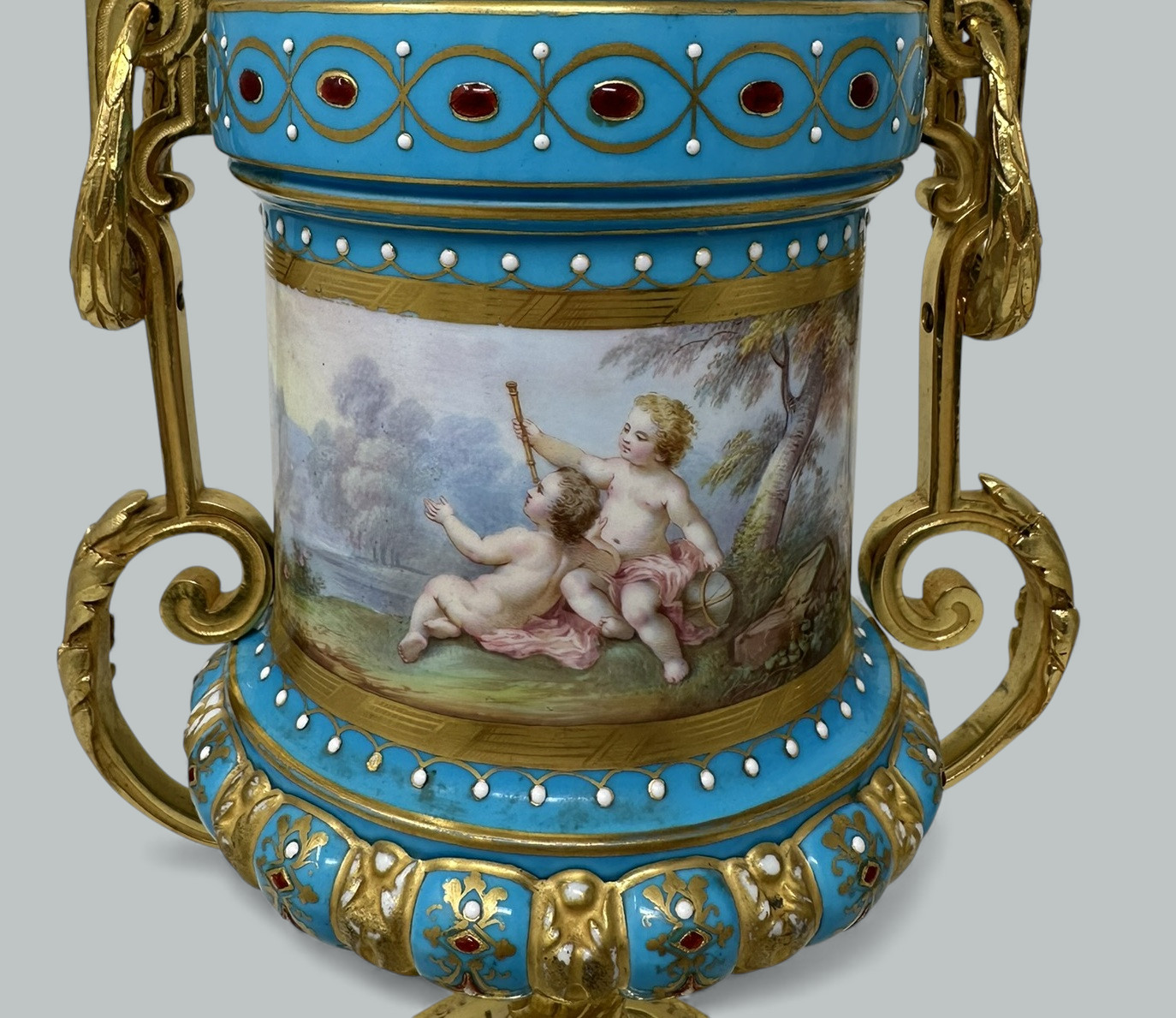 121. Pair Antique French Sèvres Porcelain Ormolu Celeste Blue Jewell Table Urns Lamps - Image 6