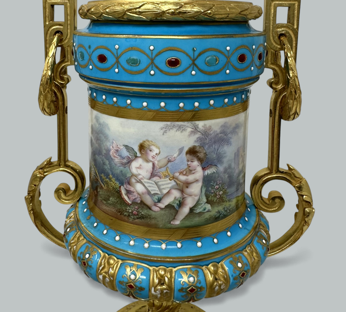 121. Pair Antique French Sèvres Porcelain Ormolu Celeste Blue Jewell Table Urns Lamps - Image 7