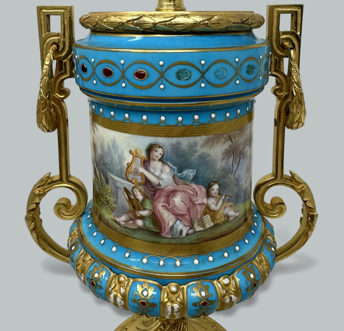 121. Pair Antique French Sèvres Porcelain Ormolu Celeste Blue Jewell Table Urns Lamps - Image 8