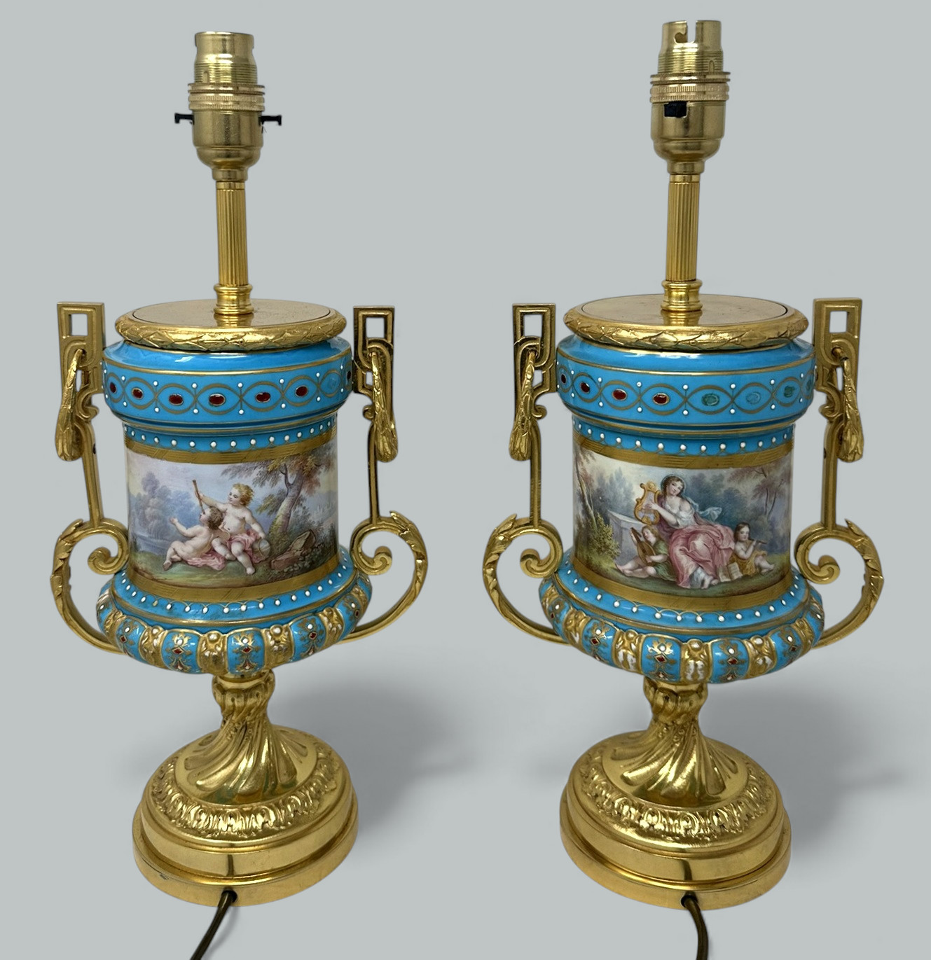 121. Pair Antique French Sèvres Porcelain Ormolu Celeste Blue Jewell Table Urns Lamps - Image 9
