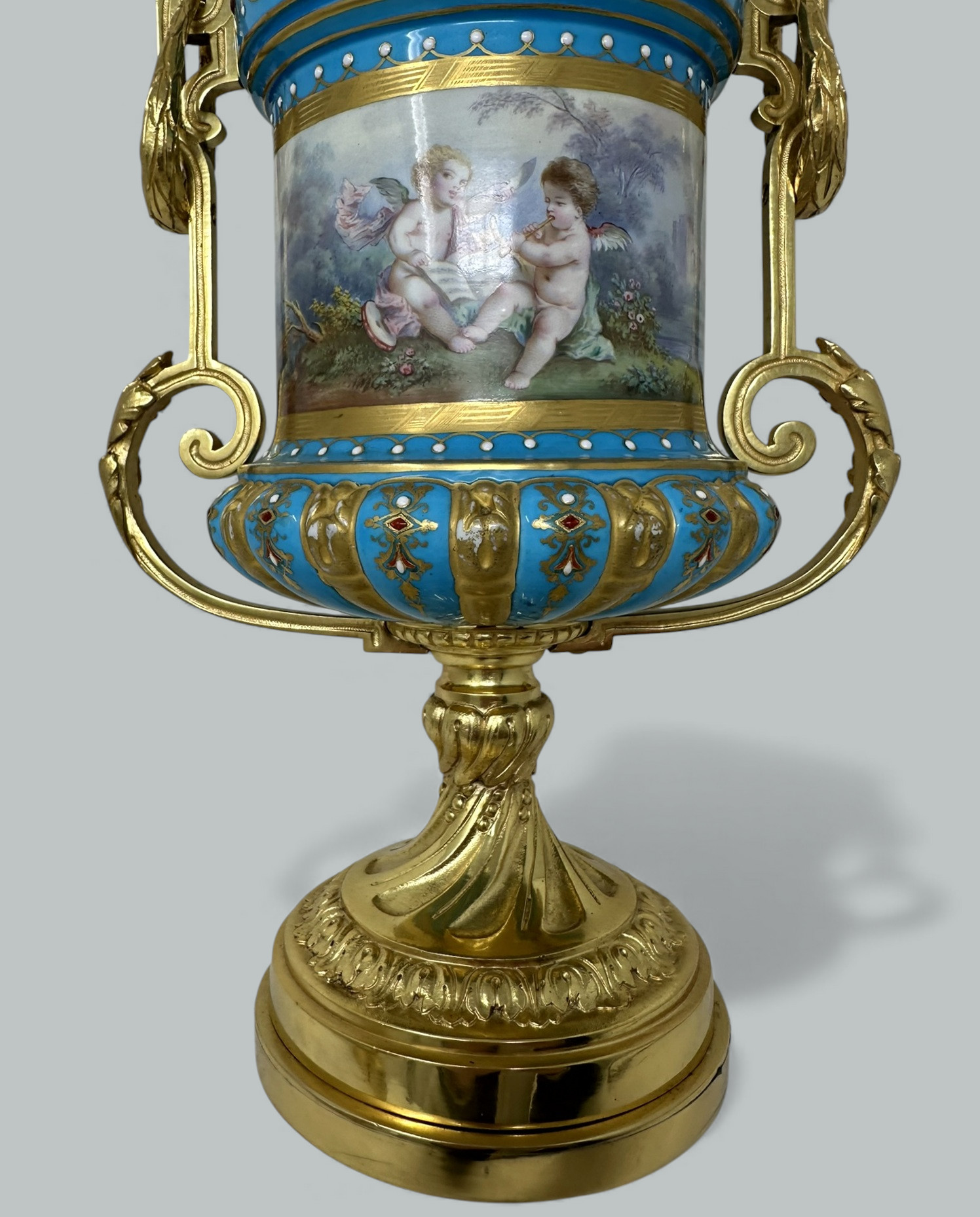 121. Pair Antique French Sèvres Porcelain Ormolu Celeste Blue Jewell Table Urns Lamps - Image 10