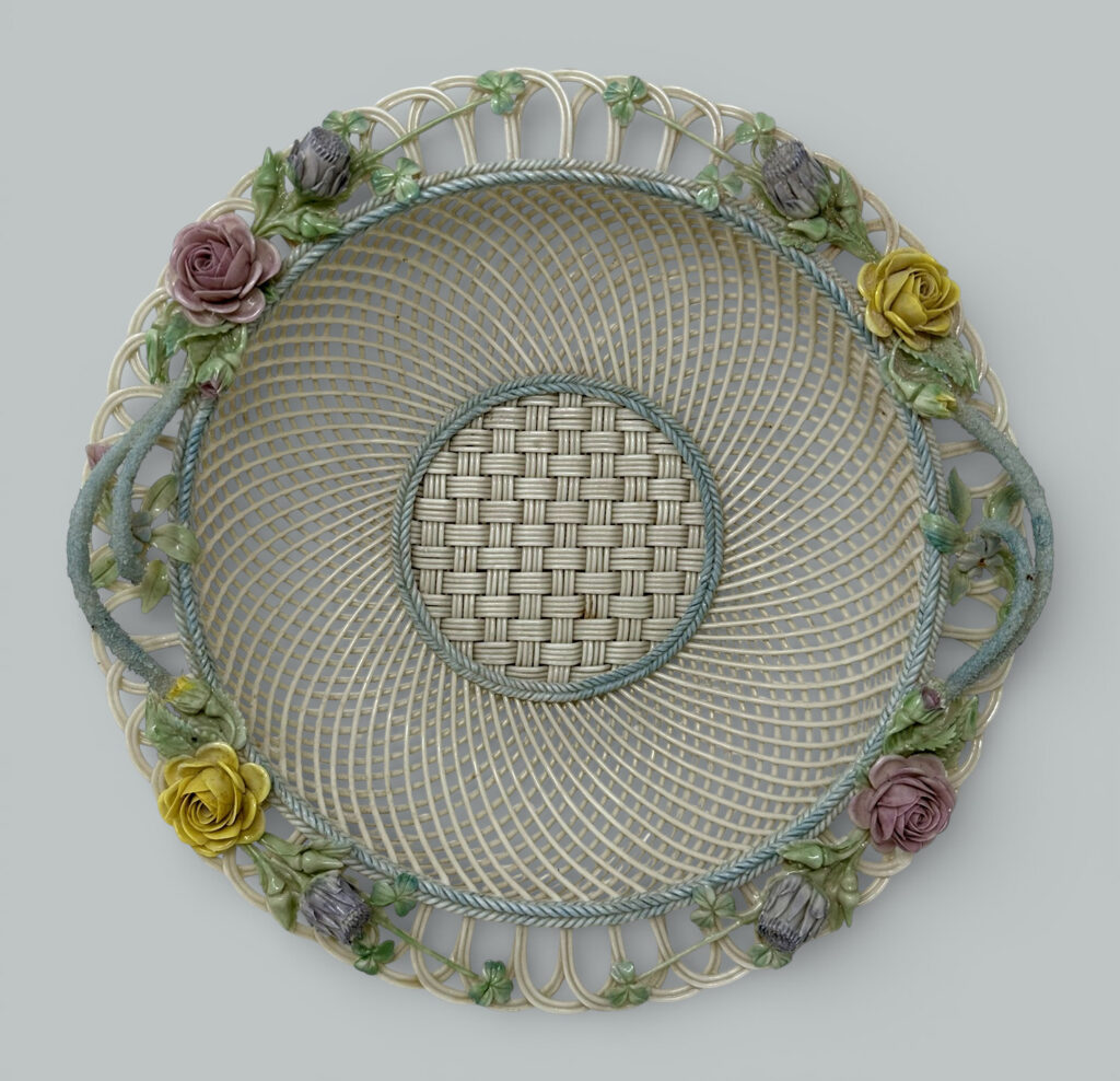 665. Antique Vintage Irish Belleek Porcelain Four Strand Basket Centerpiece Ireland