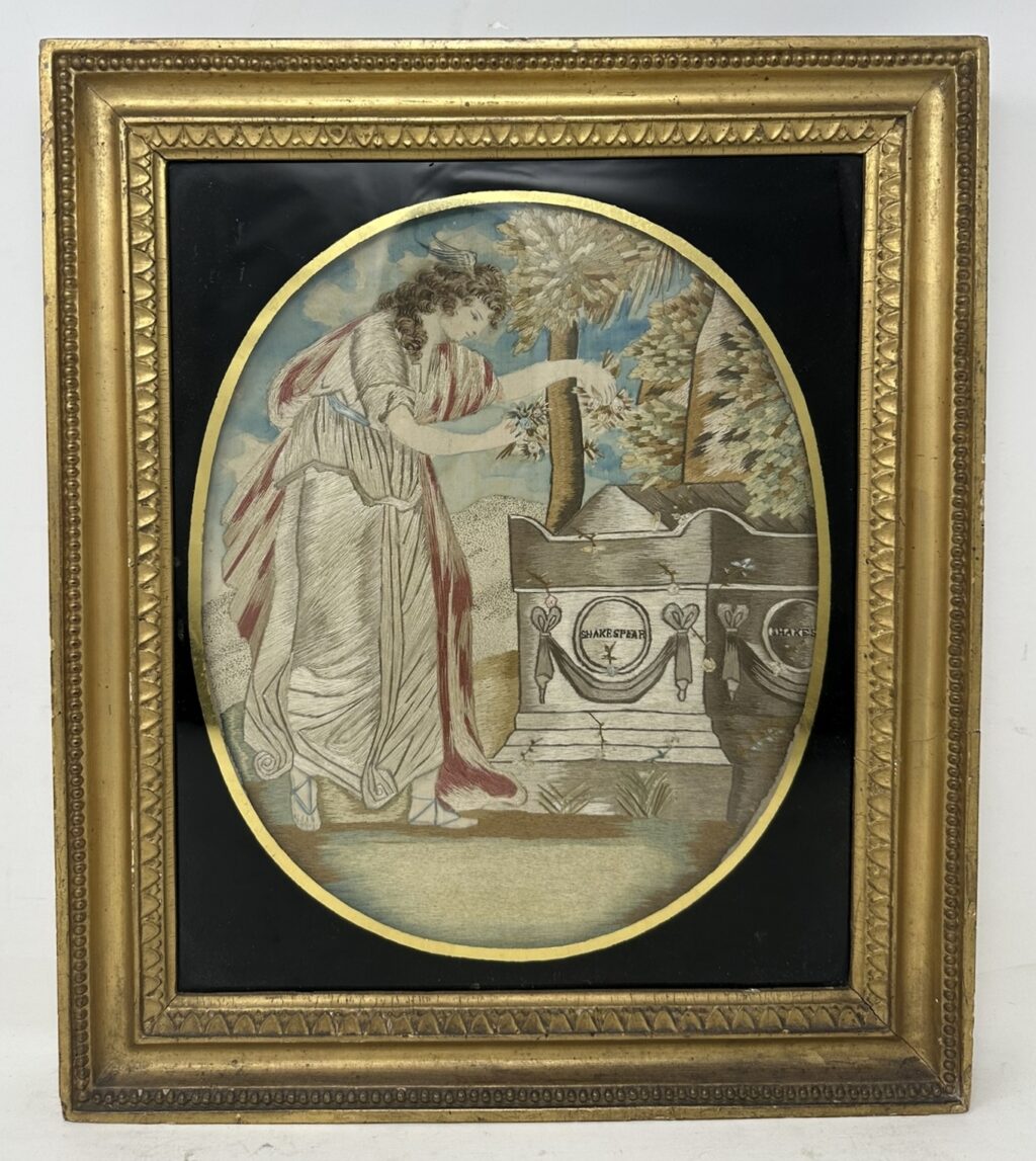 437. Regency Silk Embroidered Sampler Anjelica Kauffmann Engraving Shakespeare's Tomb
