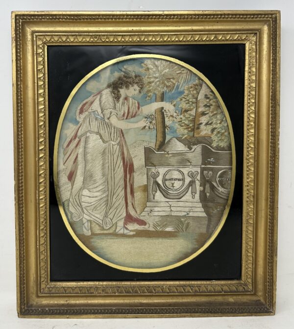 437. Regency Silk Embroidered Sampler Anjelica Kauffmann Engraving Shakespeare's Tomb