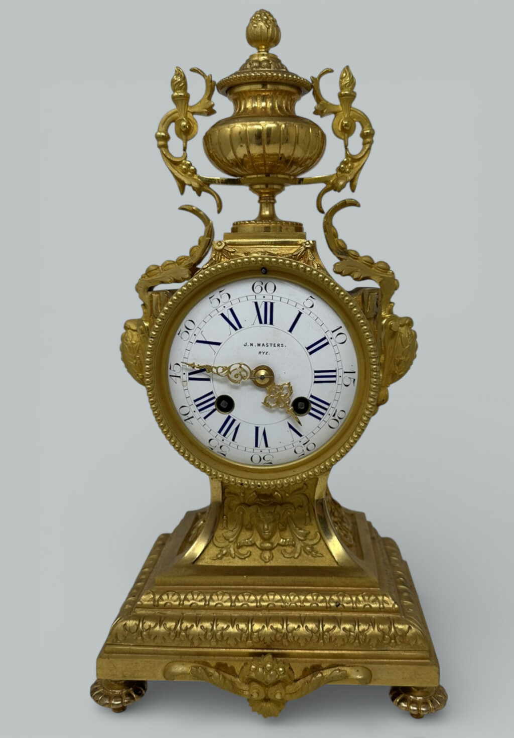 240. Antique French Ormolu Gilt Bronze Dore Mantle Clock Retailed by J.N. Masters