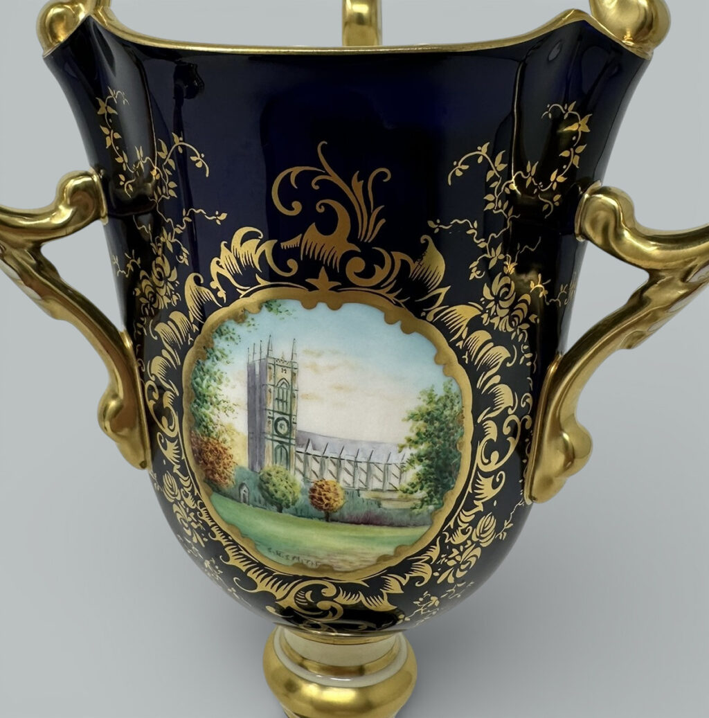 664. Antique Pair English Coalport Three Handle Loving Trophy Cups