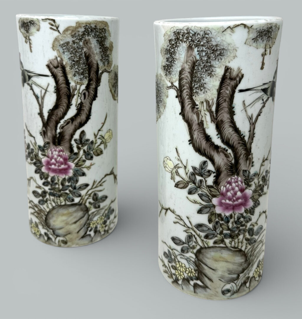 661. Antique Pair Rose Medallion Chinese Porcelain Brush Wash Vases Arrtib. Liu Yucen